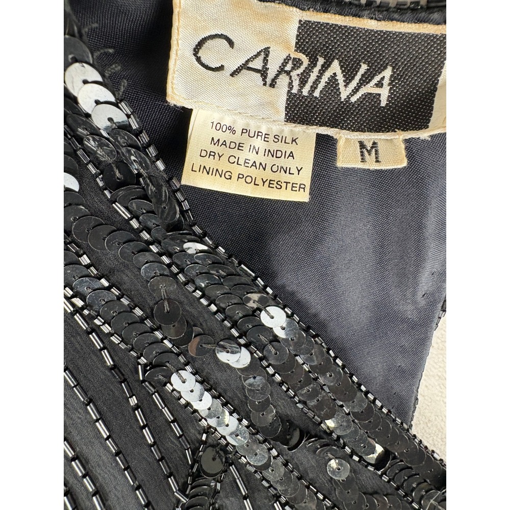 Vintage Carina Black Pure Silk Beaded Sequin Art Deco Flapper Mini Dress Medium - Picture 4 of 9